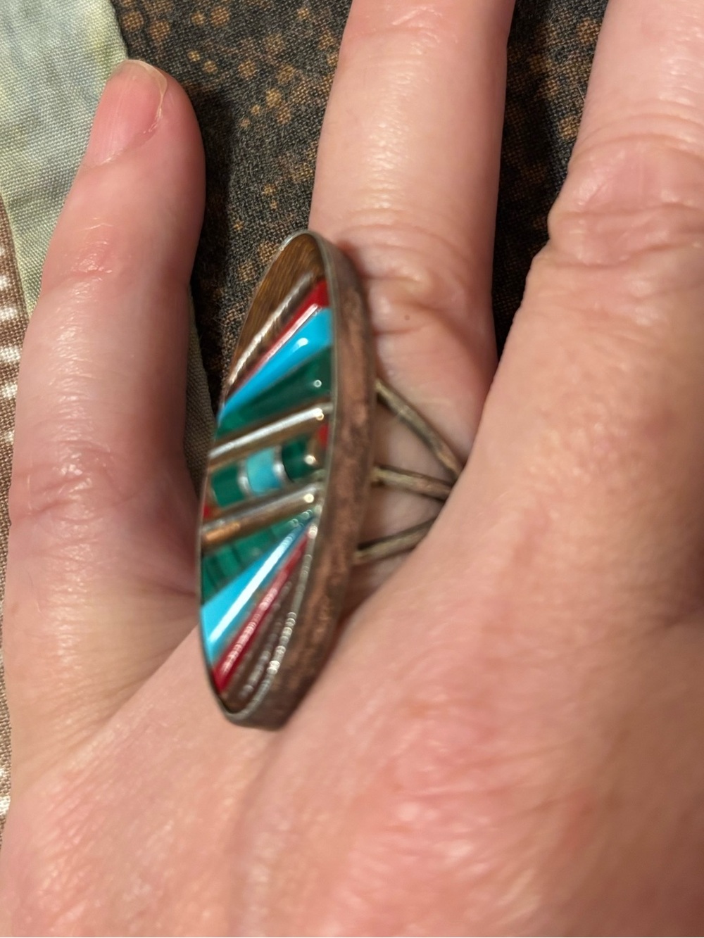 Multicolor Inlay Oval Statement Ring - Turquoise, Red & Brown Accents - Picture 3 of 5